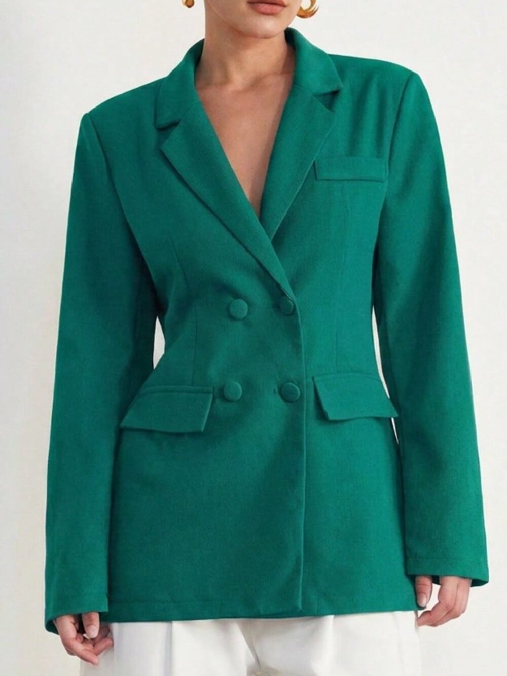 Green Elegant Women's French Double-Breasted Sexy Backless Blazer - Picture 3 of 5